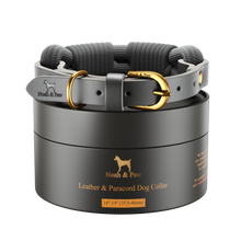 Noah & Paw leather and paracord dog collar with metal buckle, gray, size M, fits neck 14–19 in