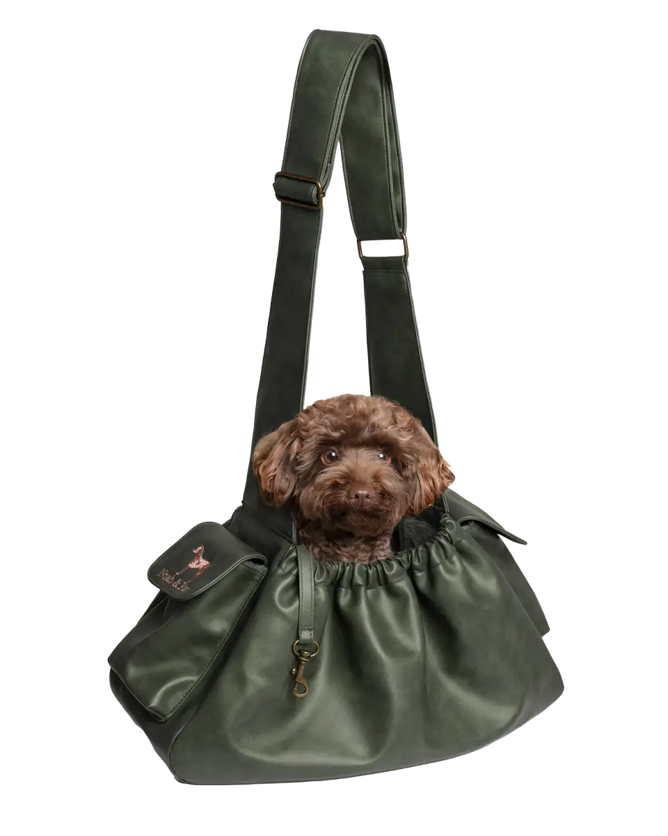 Dog Sling Carrier Dark green Leather - Ruffle