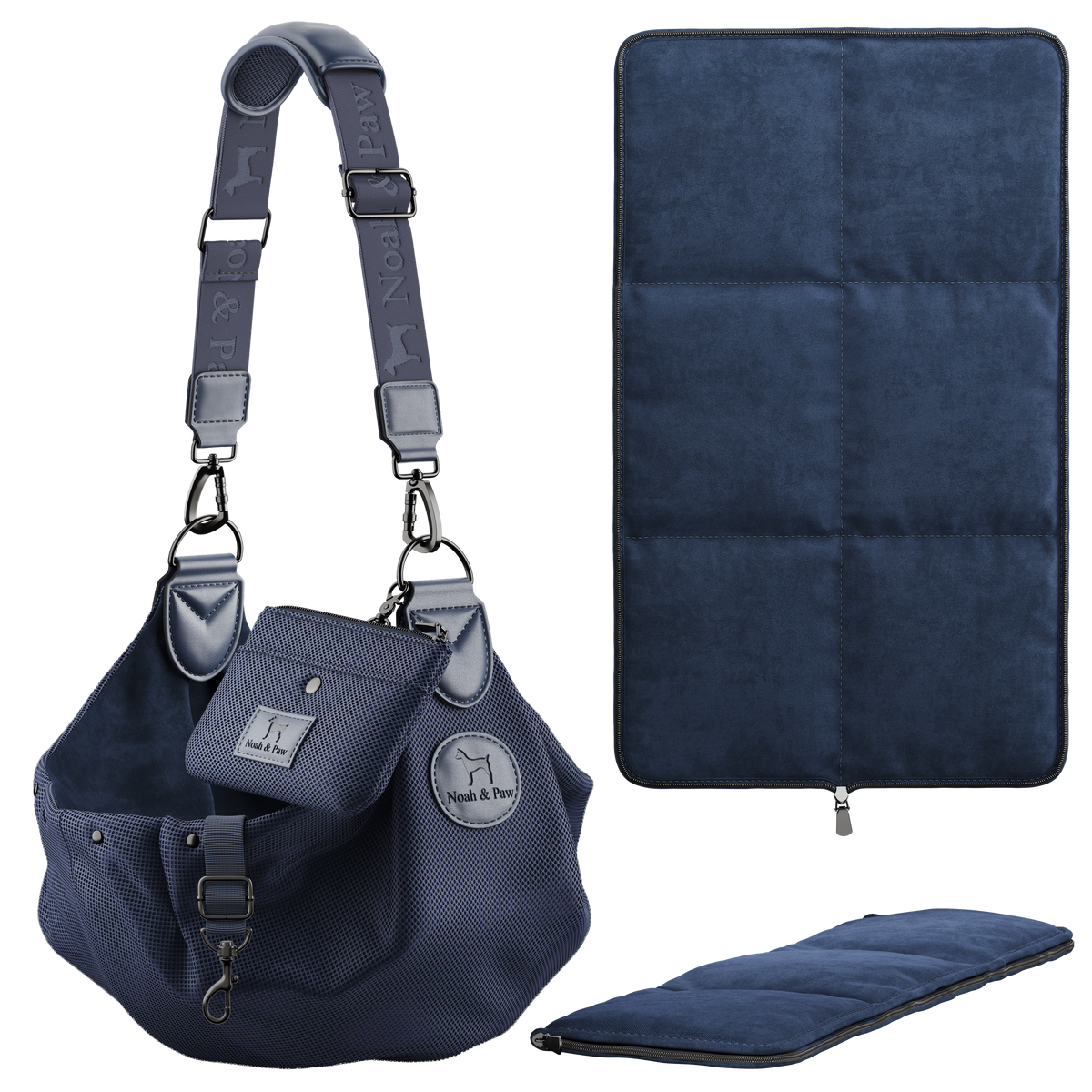 Mesh dog sling with snap closure, Navy Blue, 3D view, Noah & Paw