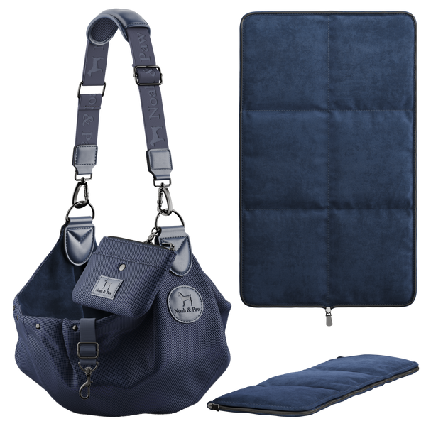 Mesh Dog Sling with Snap Closure and Removable Bed Mat, Navy Blue