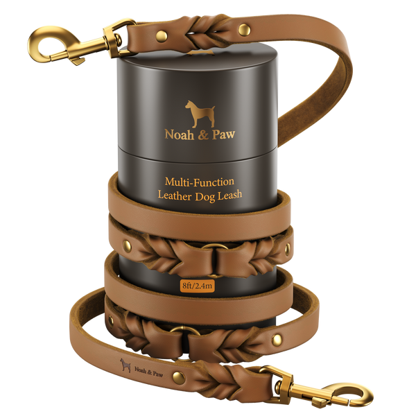 Braided Leather Dog Leash, 6 Ways to Walk, Camel