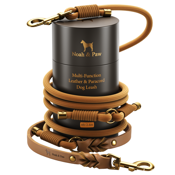 Leather Paracord Dog Leash, 6 Ways to Walk, Camel