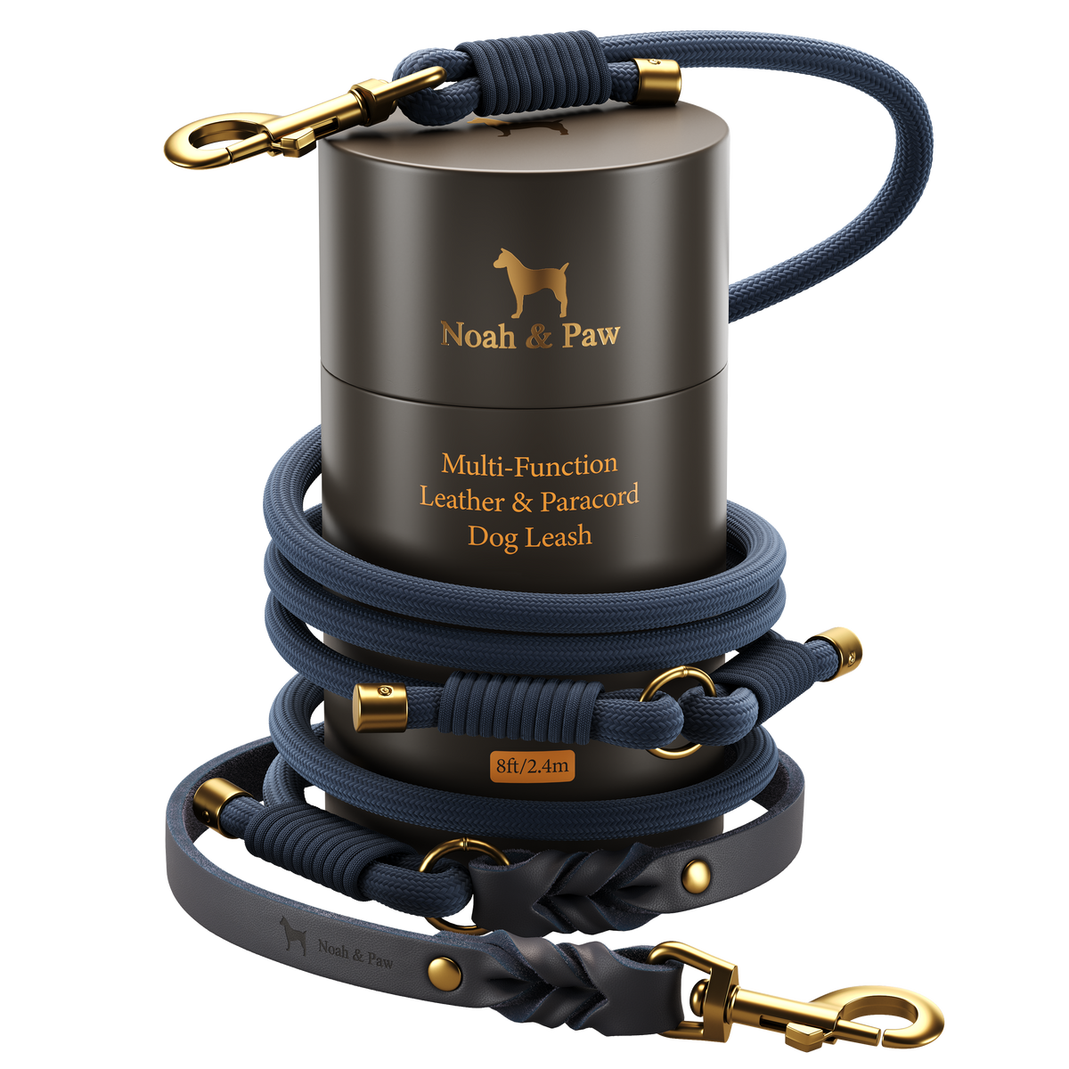 Noah & Paw braided leather and paracord dog leash, dark blue