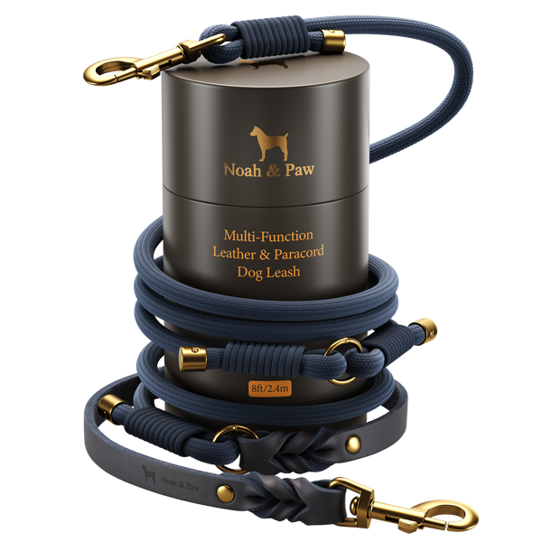 Leather Paracord Dog Leash, 6 Ways to Walk, Dark Blue