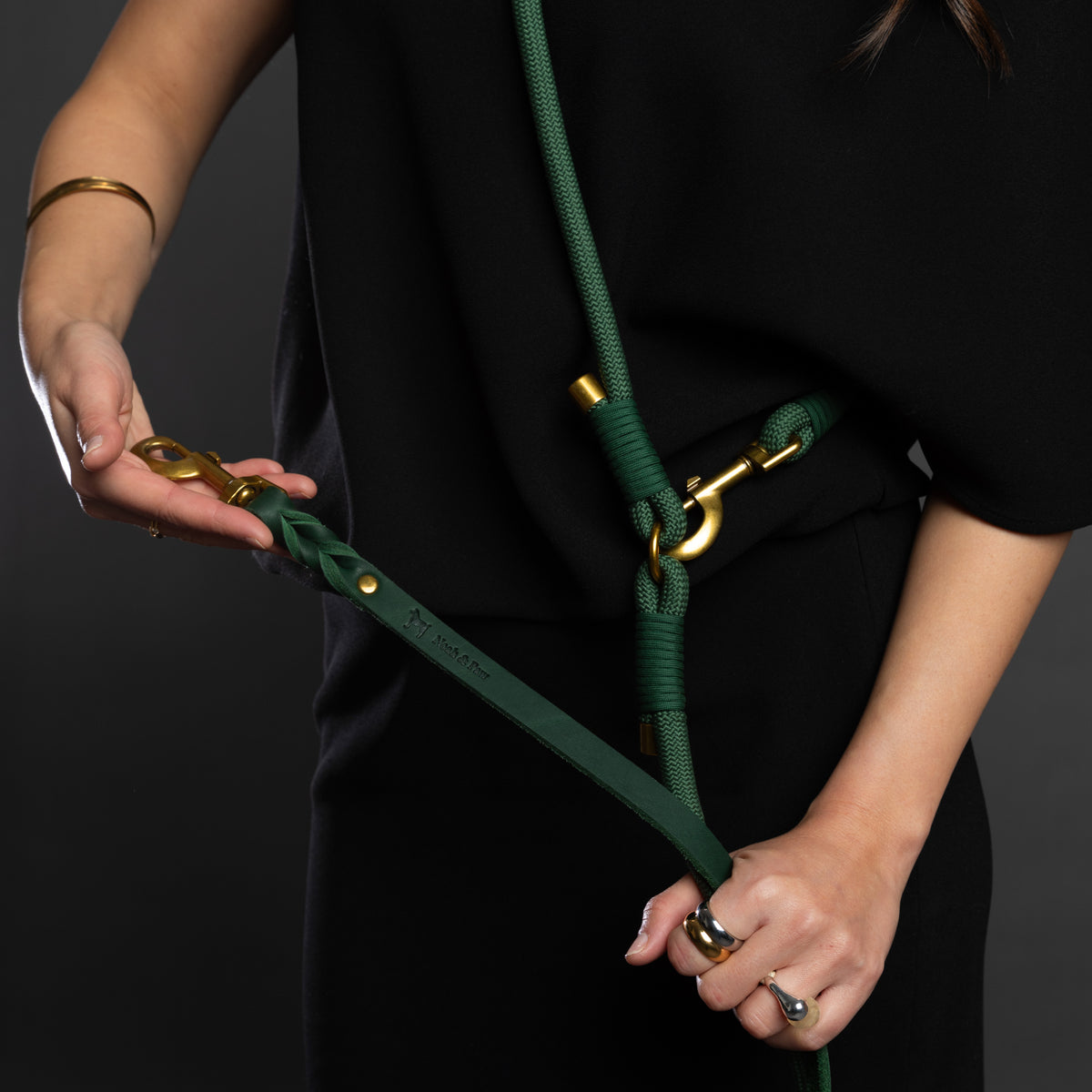 Noah & Paw braided leather and paracord dog leash, dark green