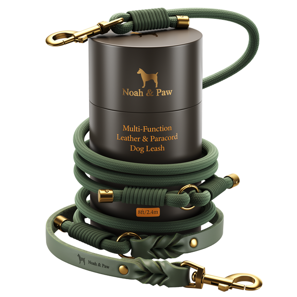 Leather Paracord Dog Leash, 6 Ways to Walk, Dark Green