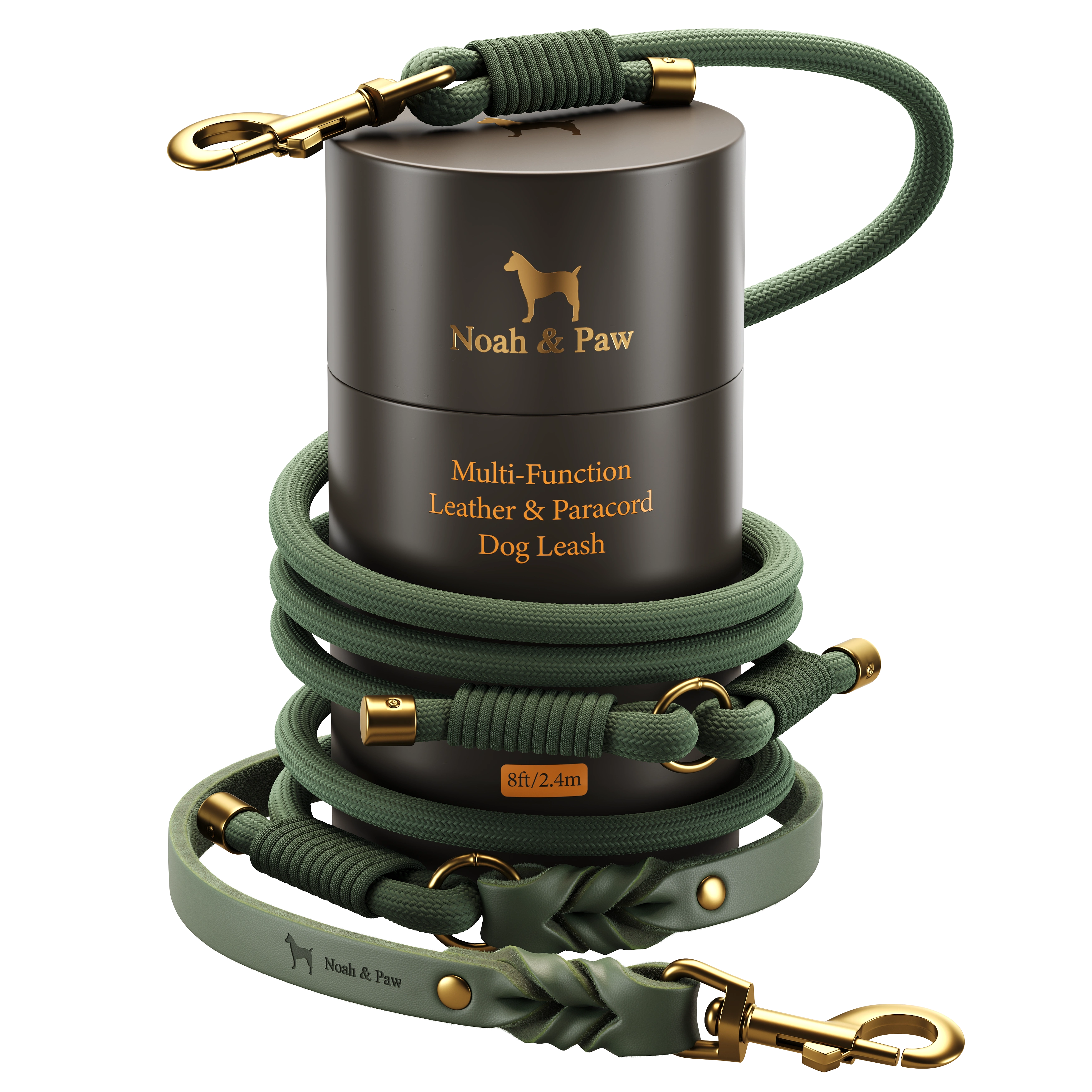 Leather Paracord Pet Leash- Green 8ft