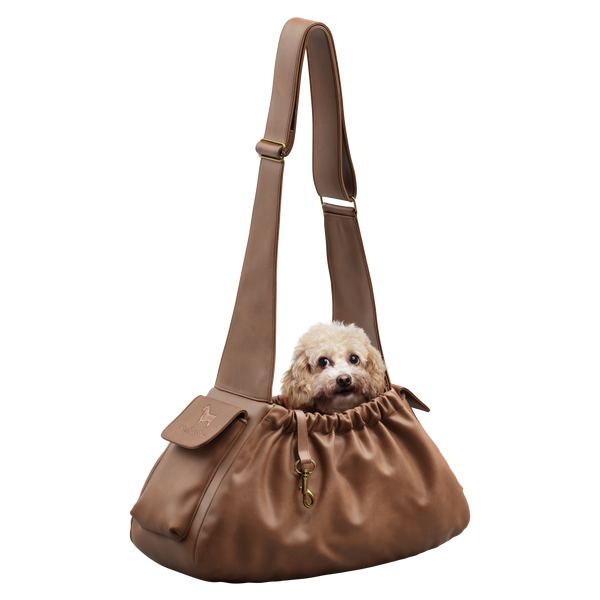 Ruffle Dog Carrier Sling in Faux Leather, Brown