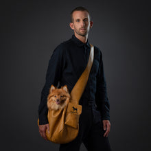 Noah & Paw ruffle style dog sling carrier in vegan leather, camel
