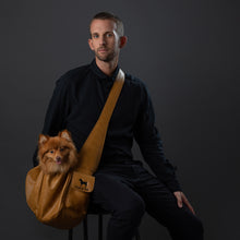 Noah & Paw ruffle style dog sling carrier in vegan leather, camel