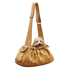 Noah & Paw ruffle style dog sling carrier in vegan leather, camel