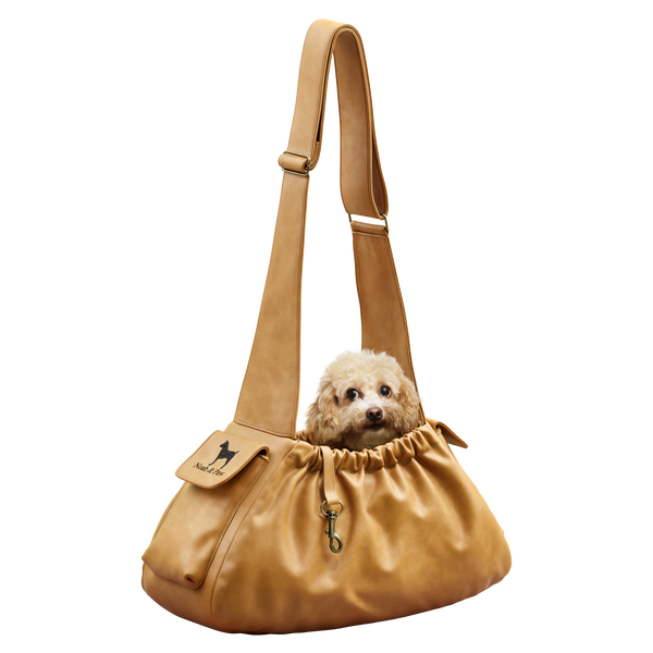 Ruffle Dog Carrier Sling in Faux Leather, Camel