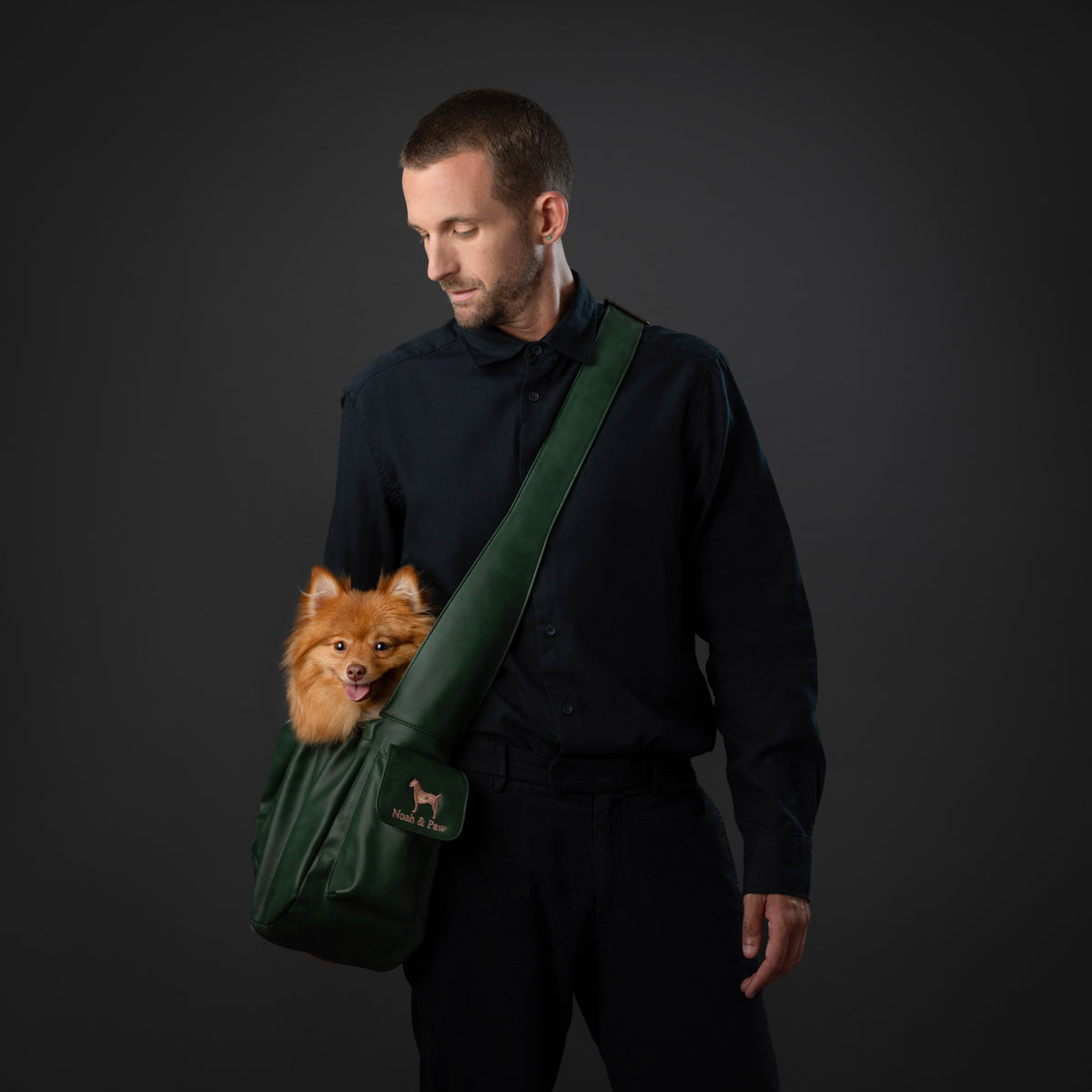 Noah & Paw ruffle style dog sling carrier in vegan leather, dark green