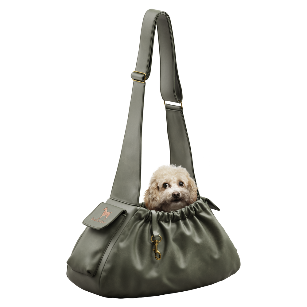 Noah & Paw ruffle style dog sling carrier in vegan leather, dark green