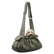 Noah & Paw ruffle style dog sling carrier in vegan leather, dark green