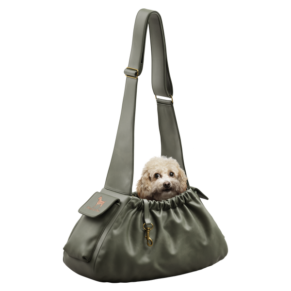 Ruffle Dog Carrier Sling in Faux Leather, Dark Green