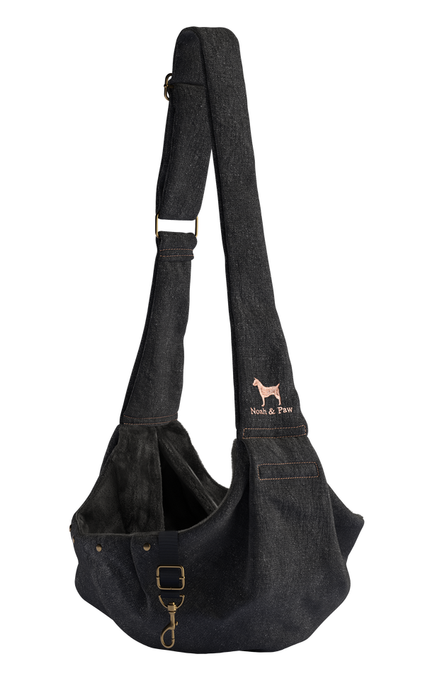 Denim Pet Sling with Snap Closure and Safety Belt, Black