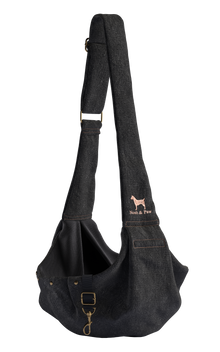 Noah & Paw snap style dog sling carrier in denim, black, size XS, fabric lined