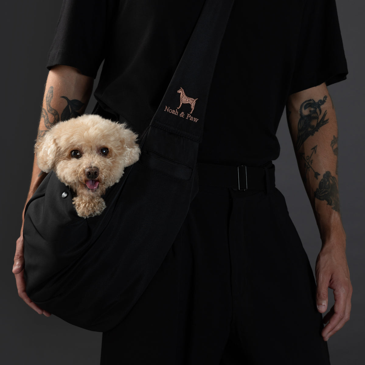 Noah & Paw snap style dog sling carrier in twill, black, size S/M