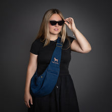 Noah & Paw snap style dog sling carrier in denim, dark blue, size S/M