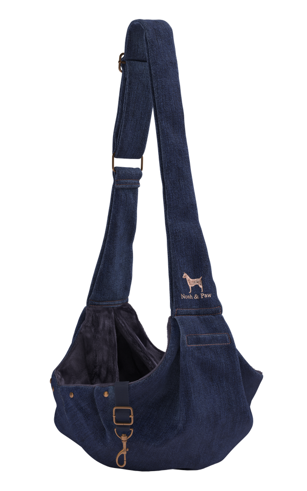 Denim Pet Sling with Snap Closure and Safety Belt, Dark Blue