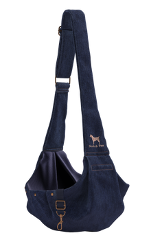 Noah & Paw snap style dog sling carrier in denim, dark blue, size XS, fabric lined
