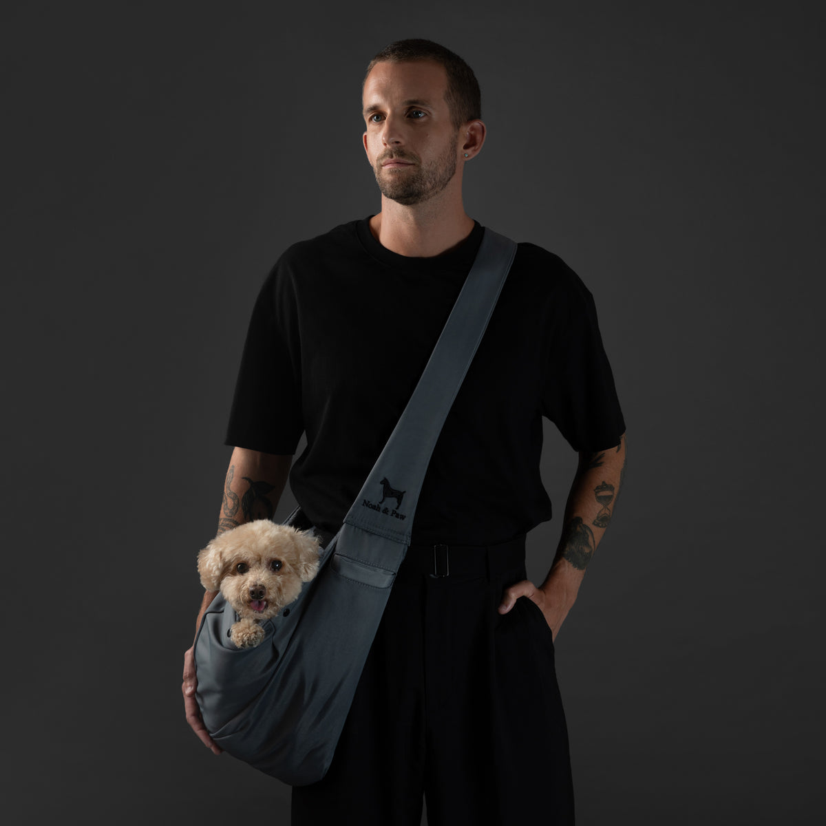 Noah & Paw snap style dog sling carrier in twill, gray, size S/M
