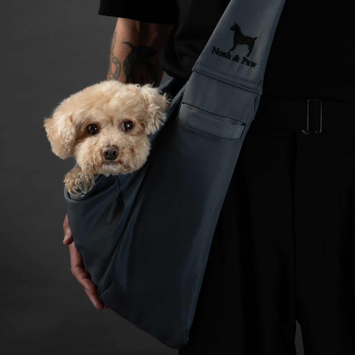 Noah & Paw snap style dog sling carrier in twill, gray, size S/M