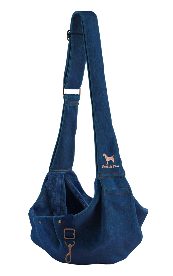 Denim Pet Sling with Snap Closure and Safety Belt, Light Blue
