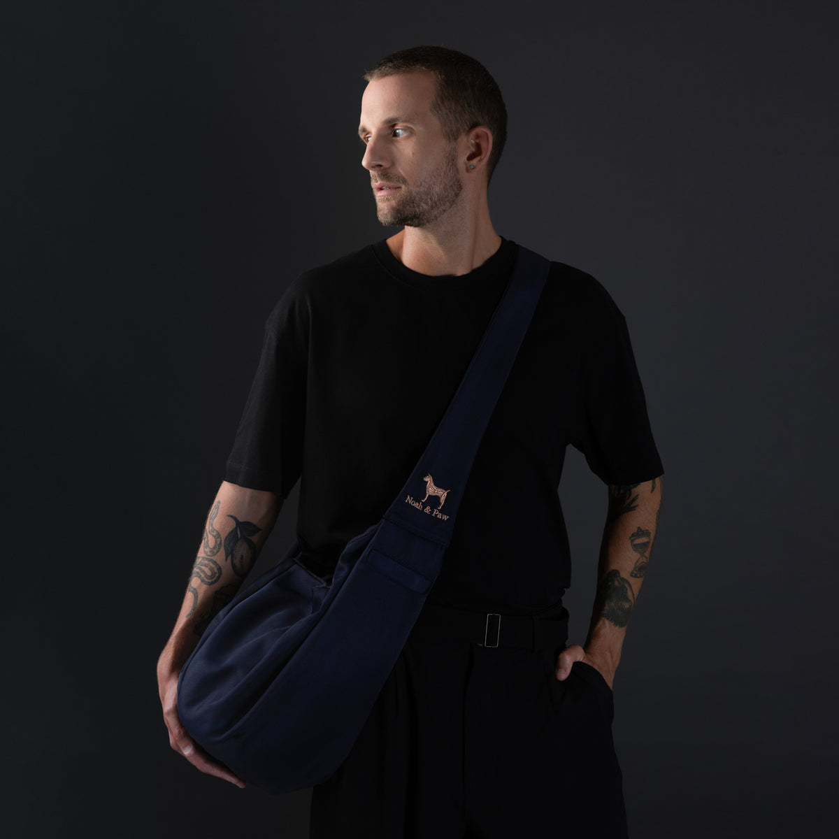 Noah & Paw snap style dog sling carrier in twill, navy blue, size S/M