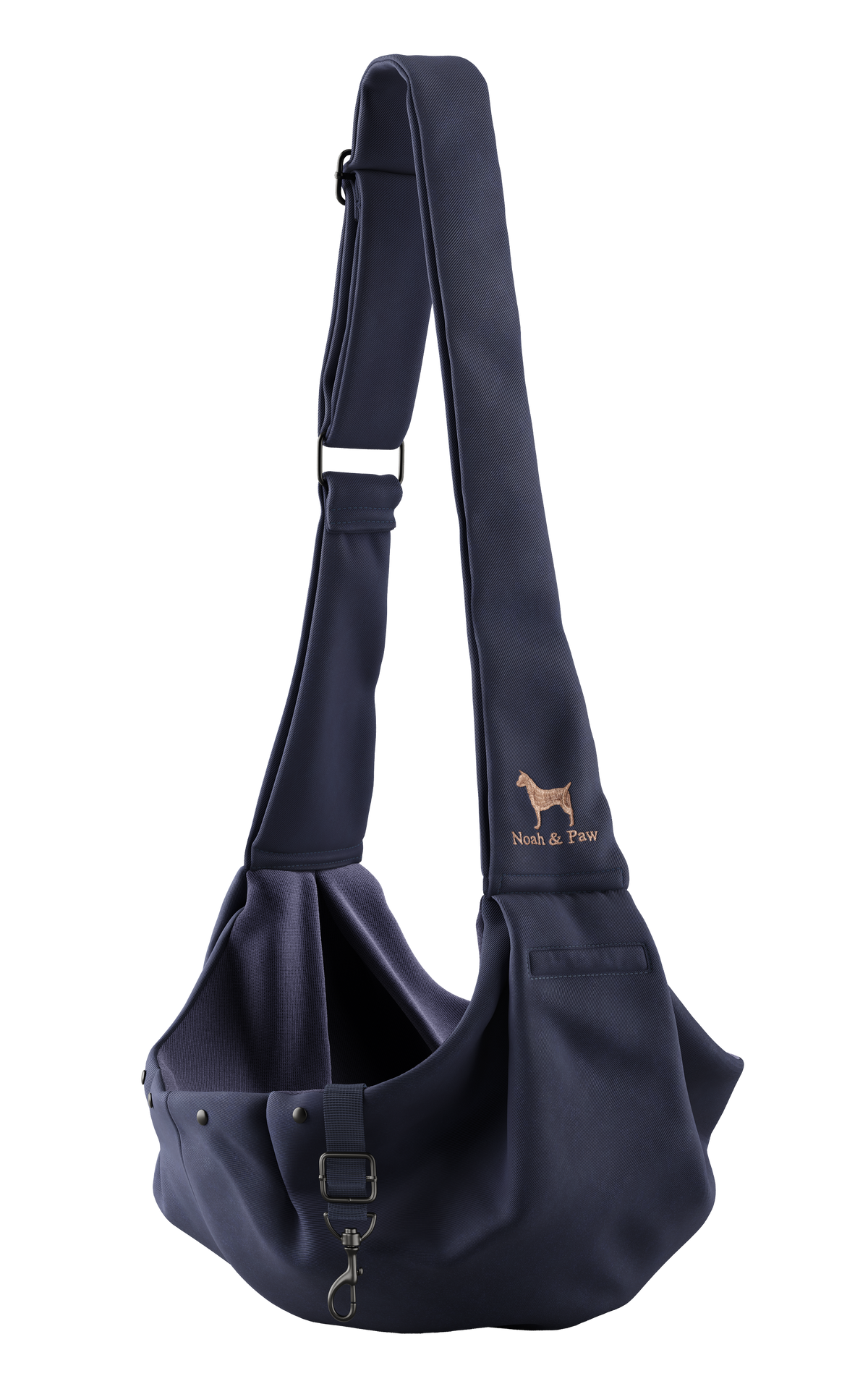 Noah & Paw snap style dog sling carrier in twill, navy blue, size XS, fabric lined