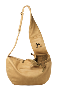Noah & Paw 3x safety zipper dog sling carrier in vegan leather, beige, size S/M