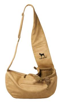 Noah & Paw 3x safety zipper dog sling carrier in vegan leather, beige, size XS