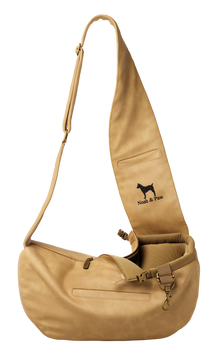 Noah & Paw 3x safety zipper dog sling carrier in vegan leather, beige, size XS, fabric lined