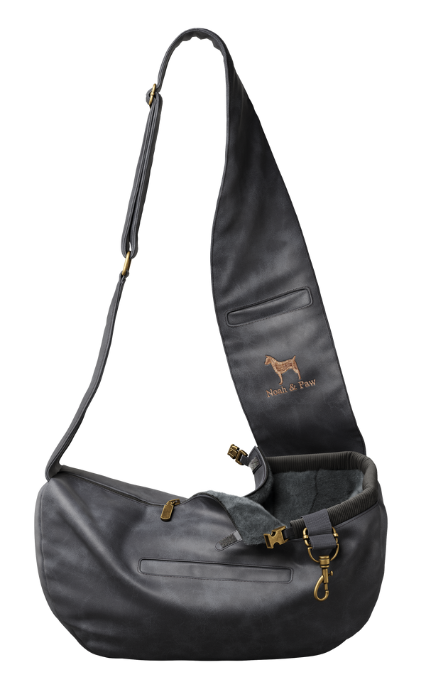 Faux Leather Dog Sling with Zipper and Head Strap Clip, Black