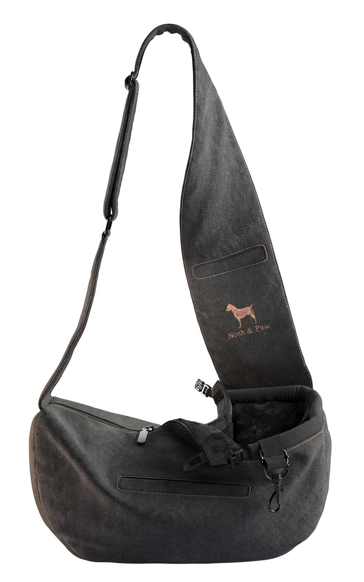 Denim dog sling carrier with zipper, Noah & Paw