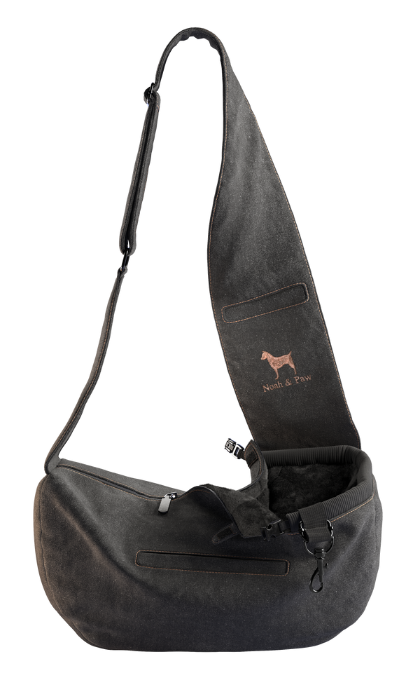 Denim Dog Sling Carrier with Zipper and Safety Belt, Black