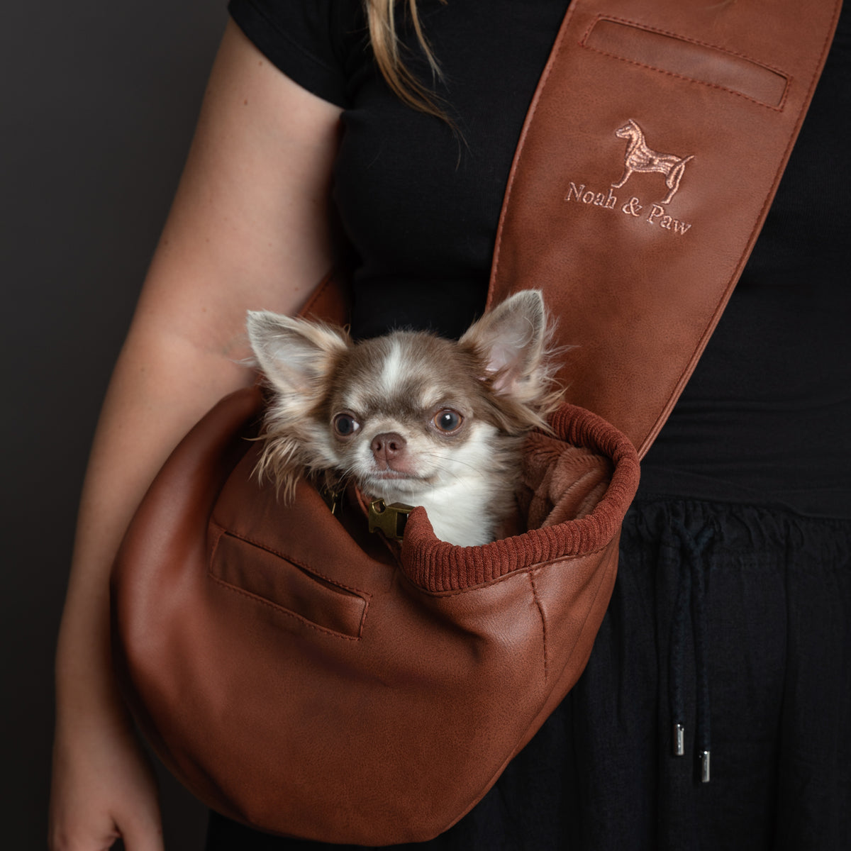 Noah & Paw 3x safety zipper dog sling carrier in vegan leather, brown, size S/M