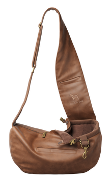 Noah & Paw 3x safety zipper dog sling carrier in vegan leather, brown, size XS