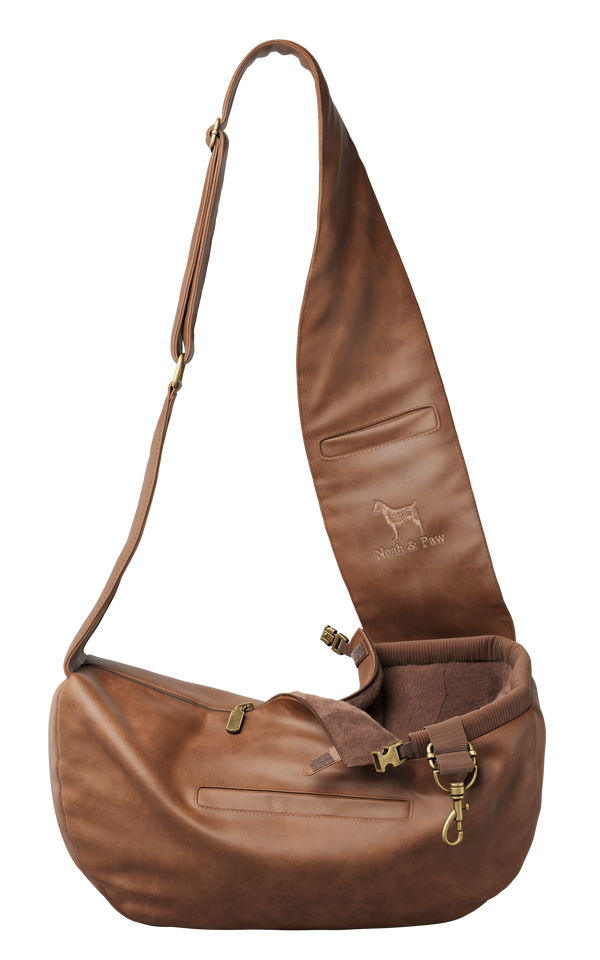 Faux Leather Dog Sling with Zipper and Head Strap Clip, Brown