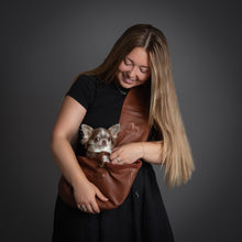 Noah & Paw 3x safety zipper dog sling carrier in vegan leather, brown, size XS