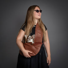 Noah & Paw 3x safety zipper dog sling carrier in vegan leather, brown, size XS