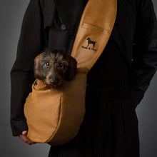 Noah & Paw 3x safety zipper dog sling carrier in vegan leather, camel, size S/M