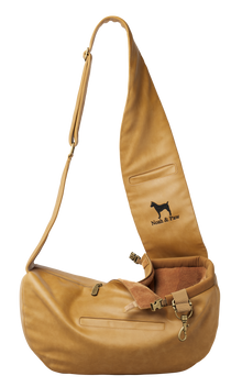 Noah & Paw 3x safety zipper dog sling carrier in vegan leather, camel, size XS
