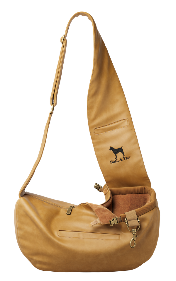 Faux Leather Dog Sling with Zipper and Head Strap Clip, Camel