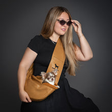 Noah & Paw 3x safety zipper dog sling carrier in vegan leather, camel, size XS