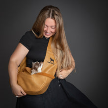 Noah & Paw 3x safety zipper dog sling carrier in vegan leather, camel, size XS