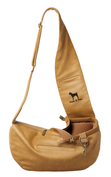 Noah & Paw 3x safety zipper dog sling carrier in vegan leather, camel, size XS, fabric lined