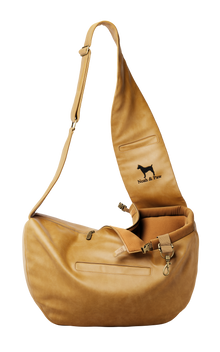 Noah & Paw 3x safety zipper dog sling carrier in vegan leather, camel, size S/M, fabric lined