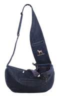 Noah & Paw 3x safety zipper dog sling carrier in denim, dark blue, size XS